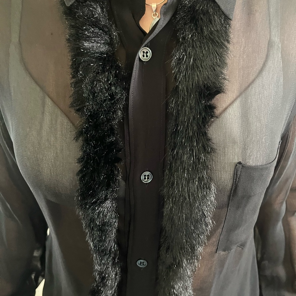 Comme des Garçons sheer black shirt with faux fur detail